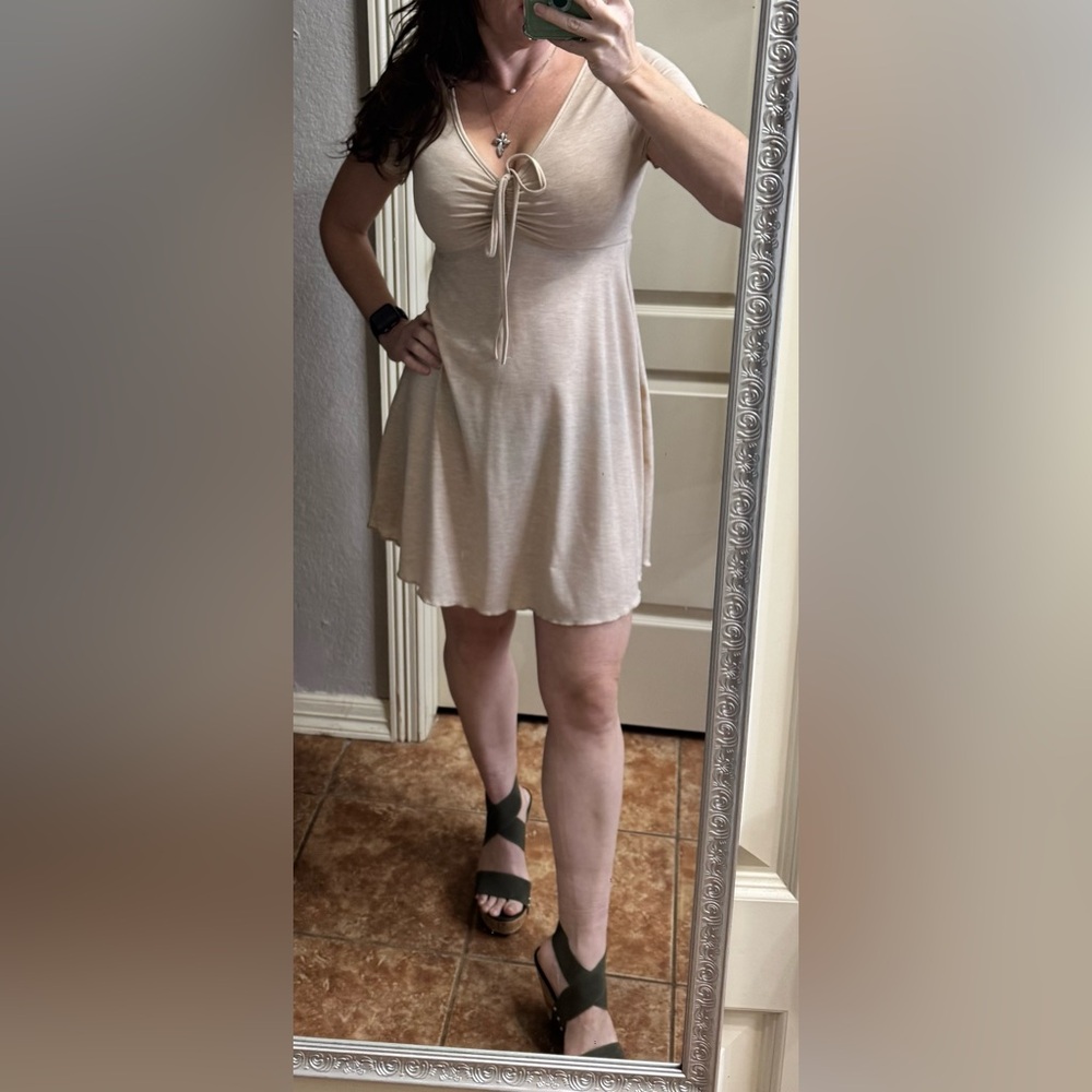 SHEIN Beige Tie-Front Babydoll Dress
